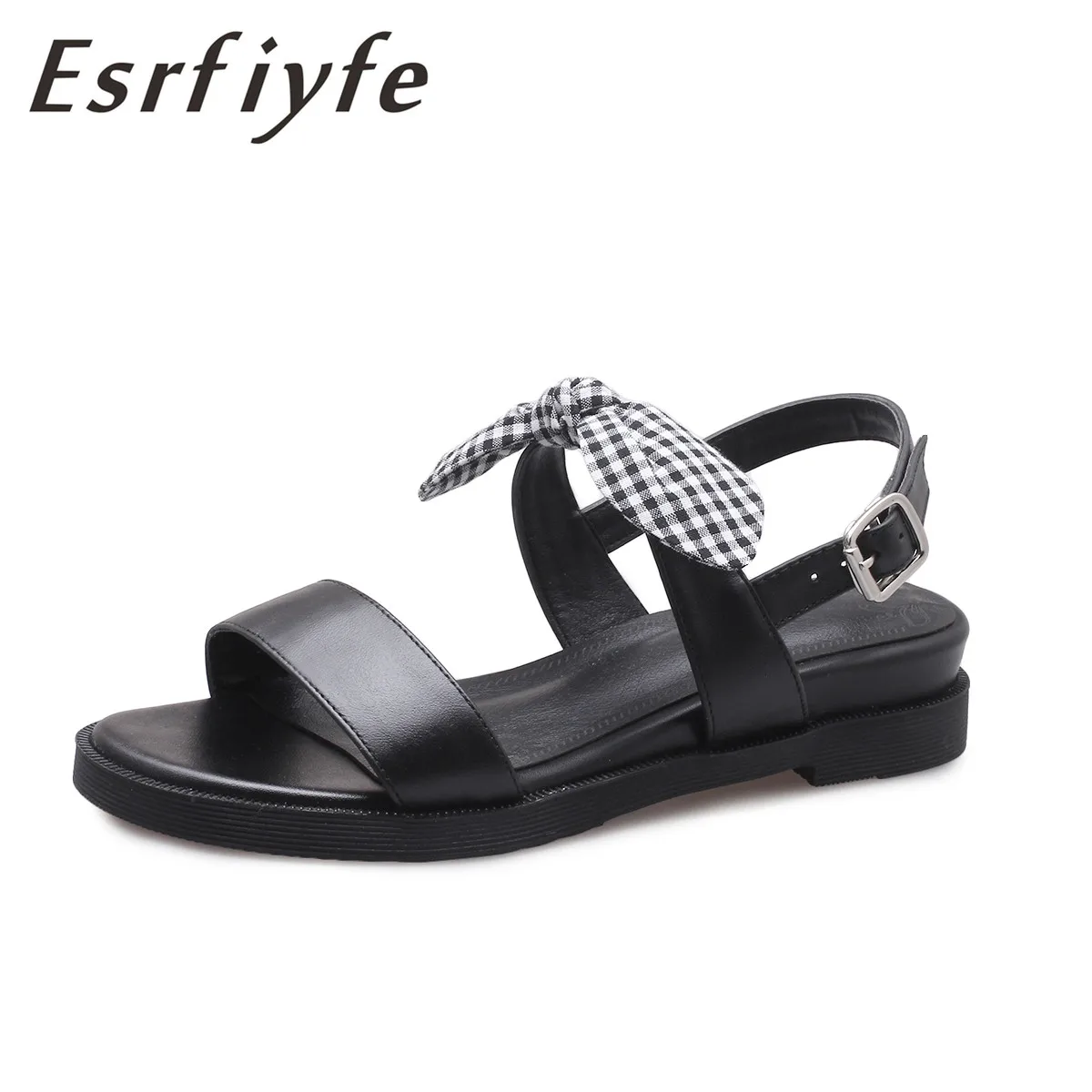 Esrfiyfe 2021 Genuine Leather The Female Sandals Solid Bowknot A Word