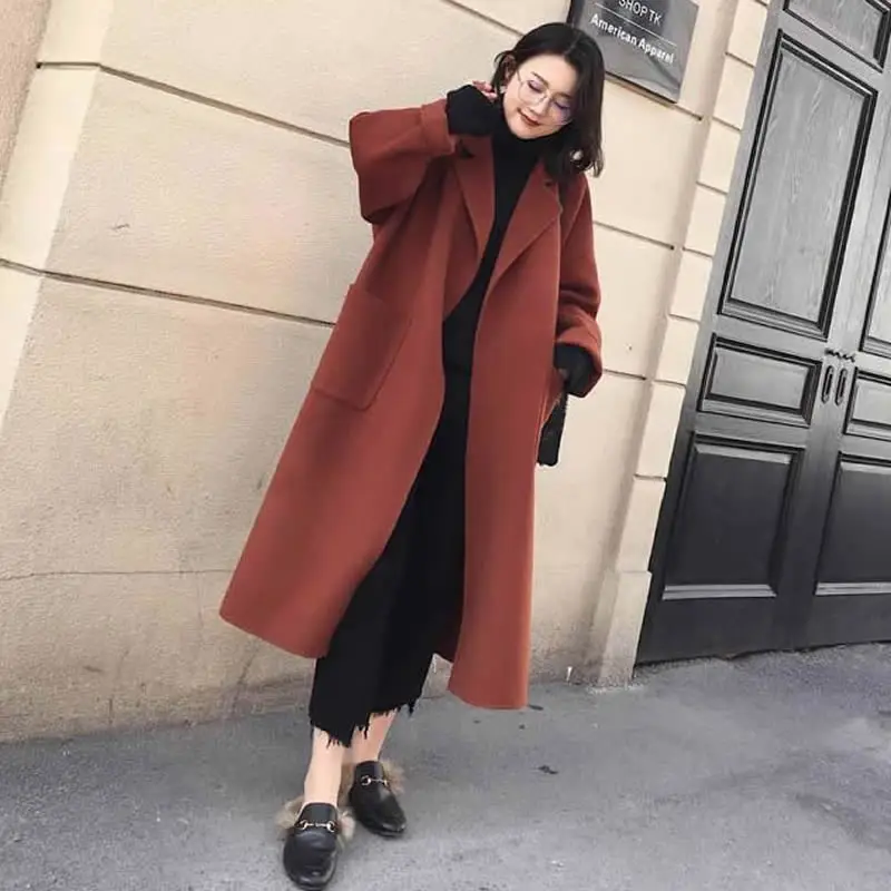 

2018 Autumn winter New Women's Casual wool blend trench coat oversize Solid Cashmere Coats Cardigan Long coat with belt S-XXL