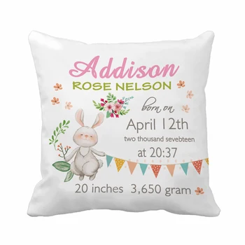 

Personalized Custom floral Kid Cushion Cover Bunny Rabbit Pillow Cover Polyester Cotton Linen Pillow Case Boy and Girl Birth
