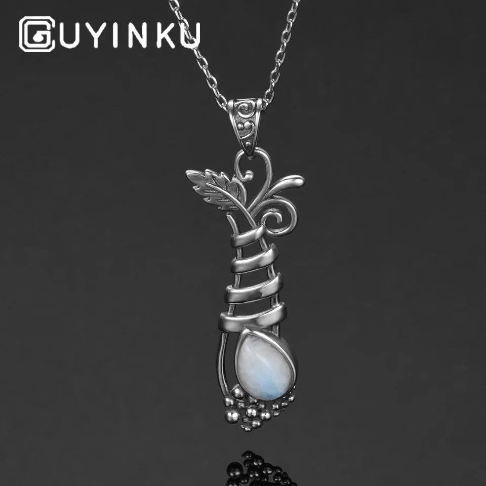 

GUYINKU Vintage Real Pure 925 Sterling Silver Jewelry Pendant Necklace Plant Design Moonstone Pendants Party Gifts For Women