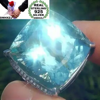 

OMHXZJ Wholesale European Fashion Woman Man Party Wedding Gift Silver Square Sea Blue Topaz 925 Sterling Silver Ring RR166