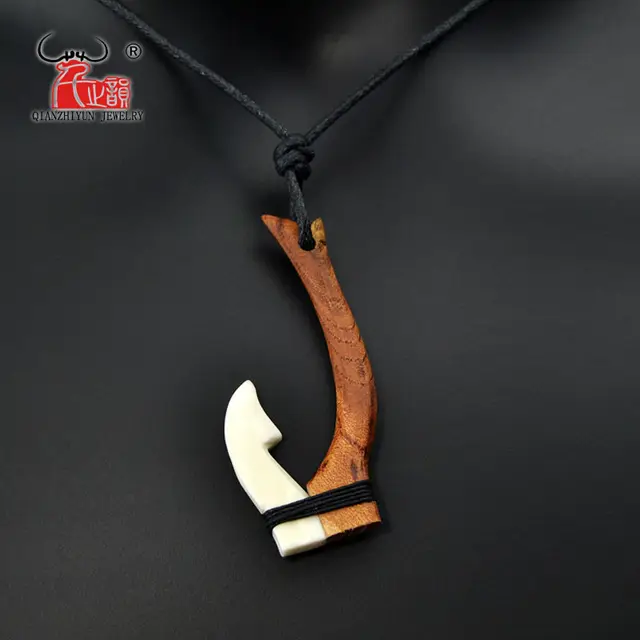 GX060 New Zealand Maori pendant Primitive tribes jewelry Handmade Carved wood fish Hook necklace