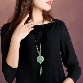 

Sweater chain Long section necklace safety button green stone Pendant Accessories Women's clothing