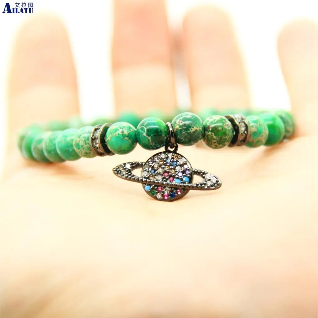 

Ailatu New Eight Planets Multicolor Cz Earth Universe Bracelets with 6mm Natural Sea Sediment Stone Beads