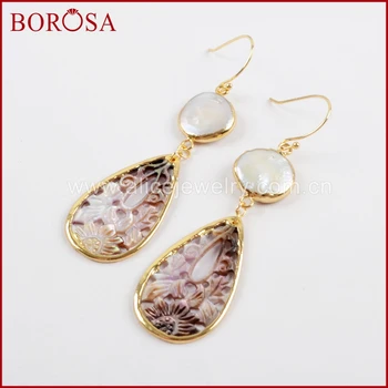 

BOROSA 3/5Pairs Gold Color Round White Natural Freshwater Pearl & Teardrop Carved Shell Charm Earrings Fashion Earrings G1596