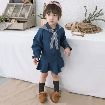 

2019 Fashion Baby Girl Denim Patchwork Princess Dress Kids Girl Flare Sleeve Jean Dress Children Ruffles Causal Vestidos Q585