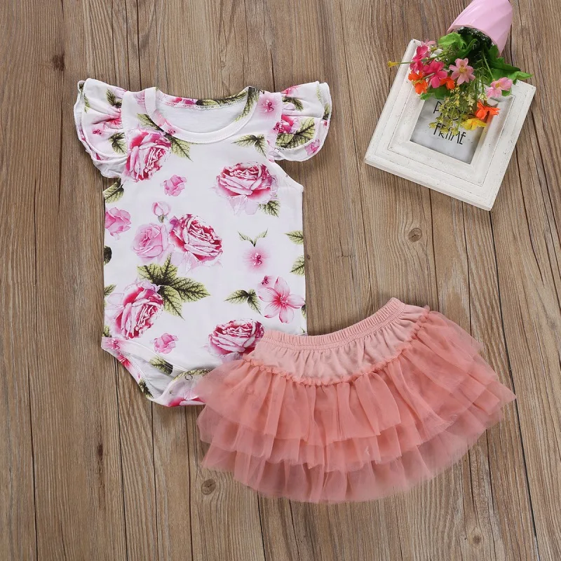 

Summer Baby Newborn Girl Flare Sleeve Floral Pattern Romper Short Mesh Skirts Costume