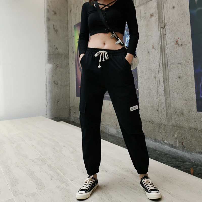 

[aosheng] New Fashion 2019 Spring Summer Mid Waist splice Pockets lace up loose Cargo Pants Women Y933