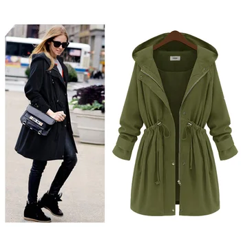 

Plus size 4XL long trench coat for women black army green elastic waist lady's hooded trench FS0163