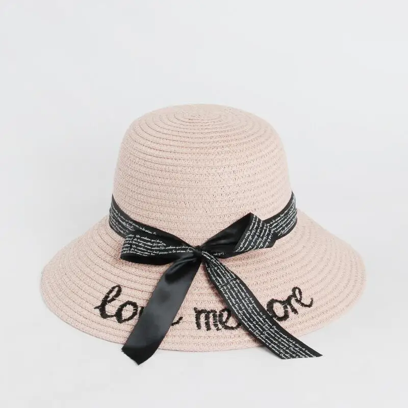 المرأة الصيف قبعات من القش إلكتروني تحبني أكثر التطريز شقة قبعات للحماية من الشمس السيدات القوس عقدة الشاطئ قبعات الفاتحة فام