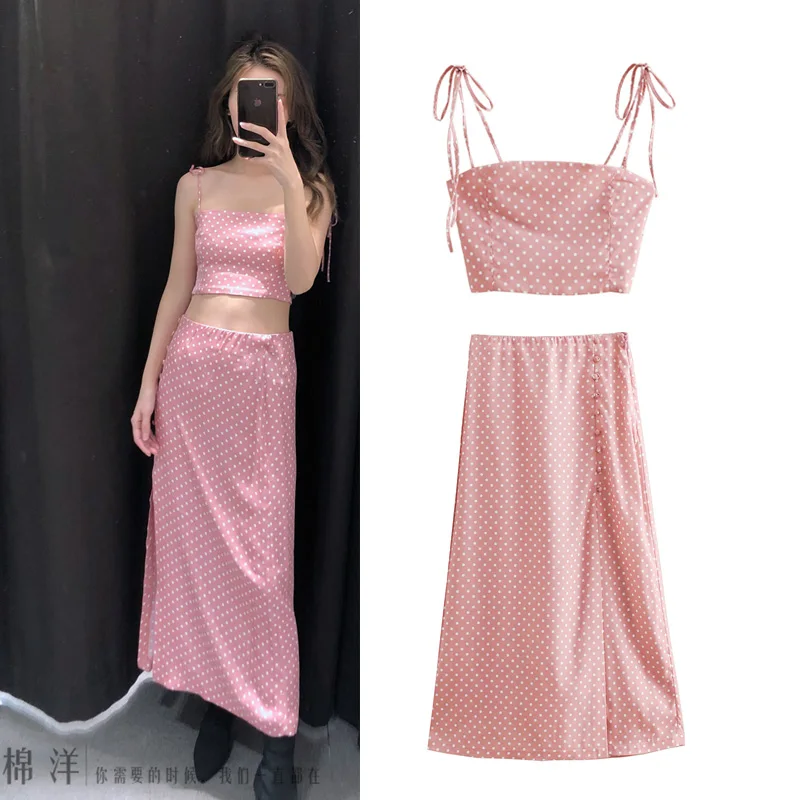 

Set female 2019 strap short vest high waist half length skirt fashion romantic dot casual skirt two-piece women's clothing