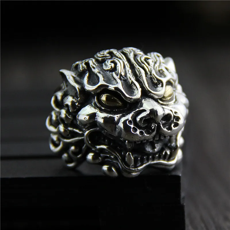 

Pure Silver 925 Thai Silver Vintage Open Size Adjustable S925 Ring men's Jewelry A Mythical Wild Animal Band