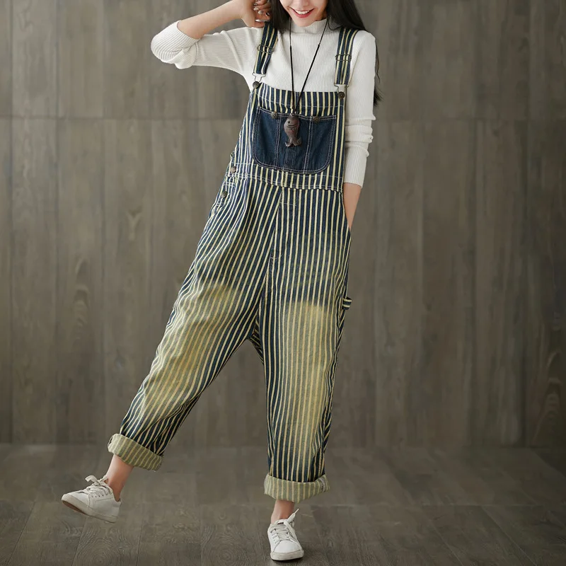 

Plus Size Stripe Denim Jumpsuit Women Rompers Ripped Casual Overalls Bib Pants Capri Jeans Suspenders Trousers Female Dungarees