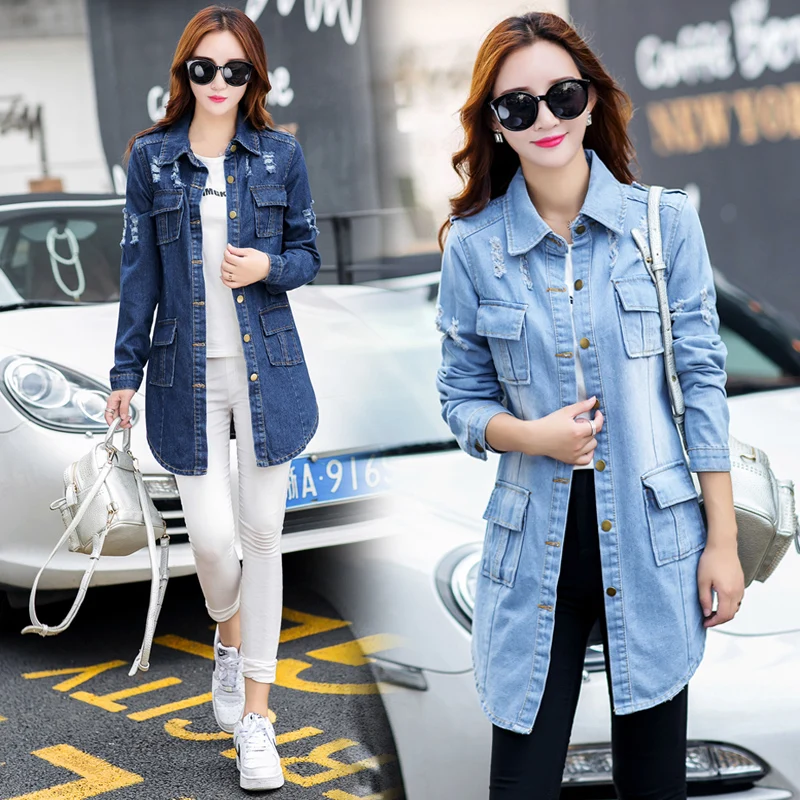 3xl plus big size jeans coats women spring autumn winter 2017 hole torn jeans long long