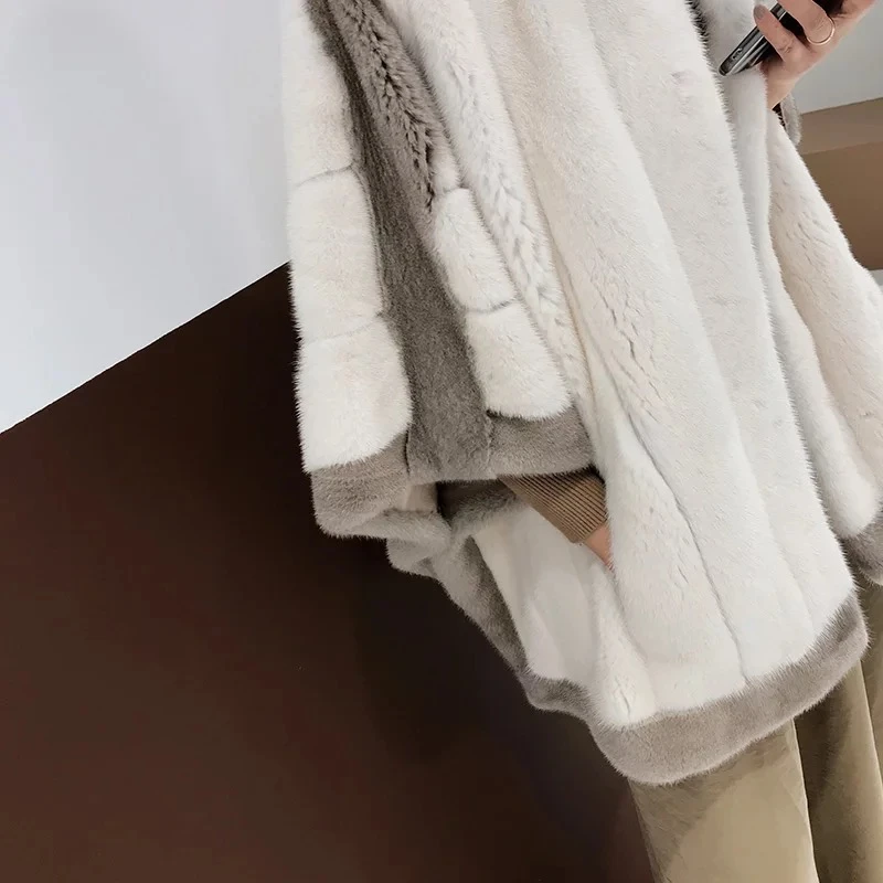Luxury Women Real Mink Fur Coat White Genuine Poncho Winter Female Jacket Full Pelt Real Fur Shawl Natural Mink Fur Cape Coat