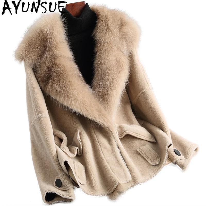 

AYUNSUE Women Sheep Shearing Coats Real Wool Fur Coat Female With Large Natural Fox Fur Collar 2019 Winter JacketS HQ18-MCM012C