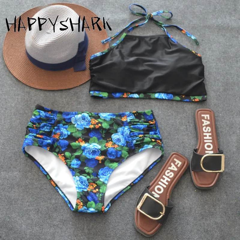 Женский купальник с высокой талией HAPPY SHARK сексуальный комплект бикини цветочным