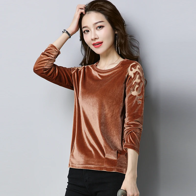 Женская бархатная футболка с длинным рукавом и цветочным принтом|women t shirt|t shirtsolid