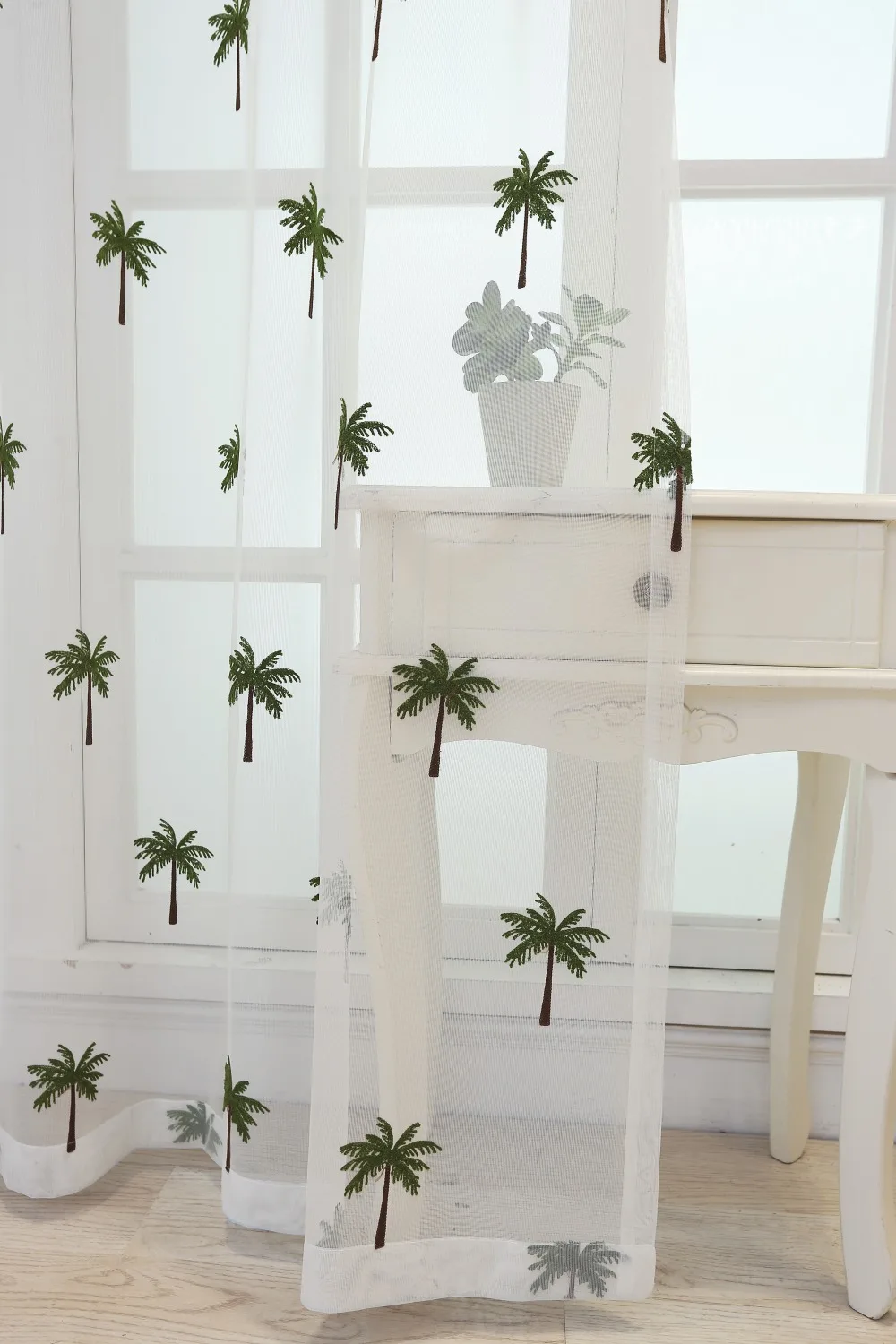 Simple Modern Coconut Tree Screen Embroidery Sheer Voile Window Drapes for Living Room Door Lace Curtains A966 (22)