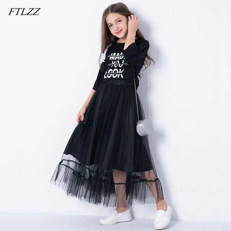 

FTLZZ Two Piece Set Girls Dress Letter Print Children Clothing Set Long Summer Kids Autumn Spring Mesh Suit For Girls Teenage