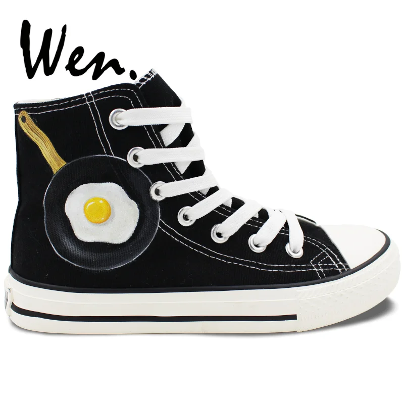 Вэнь ручная роспись обувь дизайн на заказ Poached яйцо граффити живопись черный холст спортивная обувь высокие кружево до плимсоллы тренер