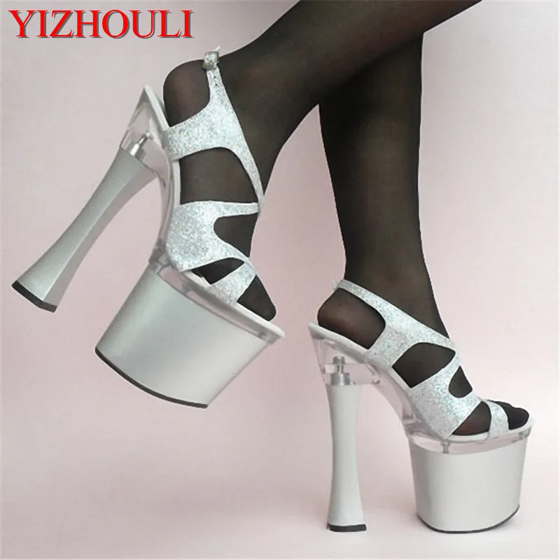 7 Inch Comfortable Thick Heel Shoes Sexy Glitter High Heeled Sandals