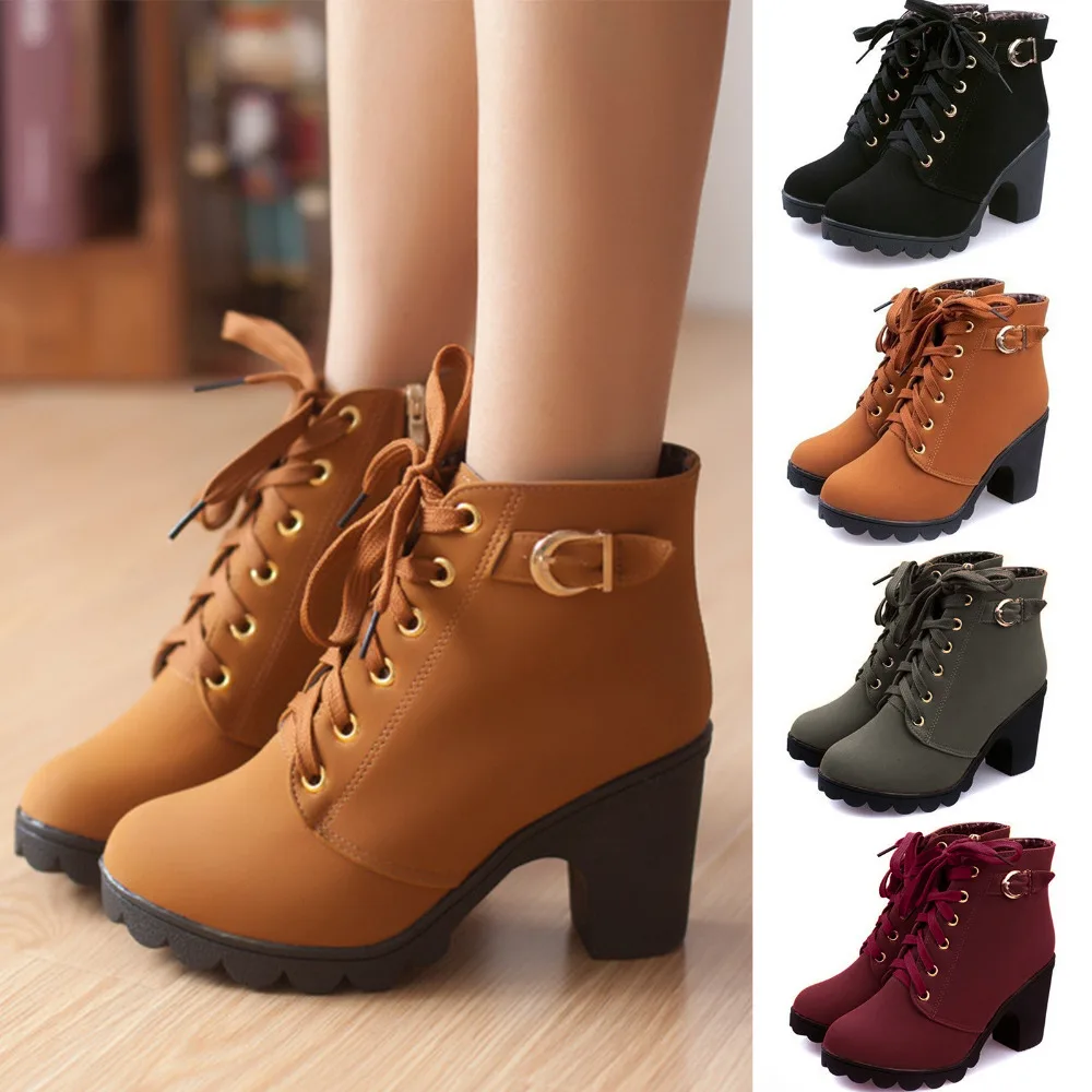 Women Biker Motorcycle Ankle Boots High Heels Suede Lace Up Punk Rock