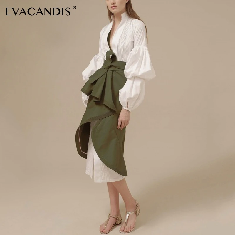 

White Puff Sleeve Shirt Dress V Neck Elegant Sexy Green Plus Size Tunic Midi Office Summer Dress Long Sleeve Women Vestidos
