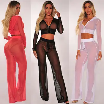 

Fashion Top Women Swimwear Bathing Tops+Pants Set Lady Solid See Through Perspective suit