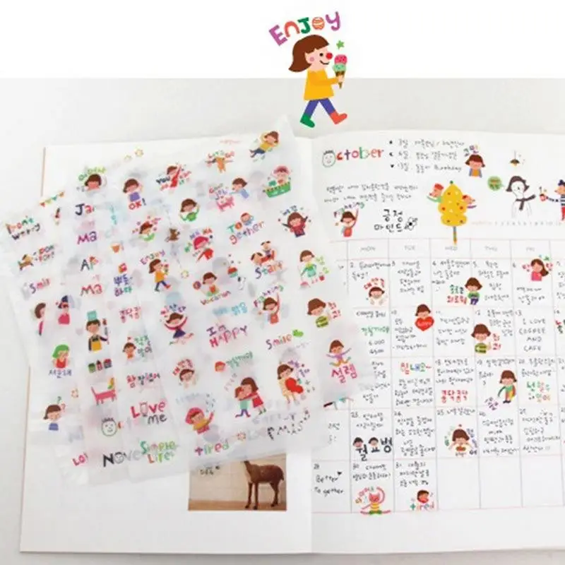 6 sheets/lot DIY Cartoon PVC Paper Stickers Letter Girl Pattern Memo Pads Stickers For Kids Toys Gift Scrapbooking Stationery