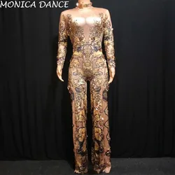 Sexy Skinny Gold Rhinestones Rompers Female Singer Dancer Big Pants Costume One-piece Nightclub Birthday Oufit Party Jumpsuit