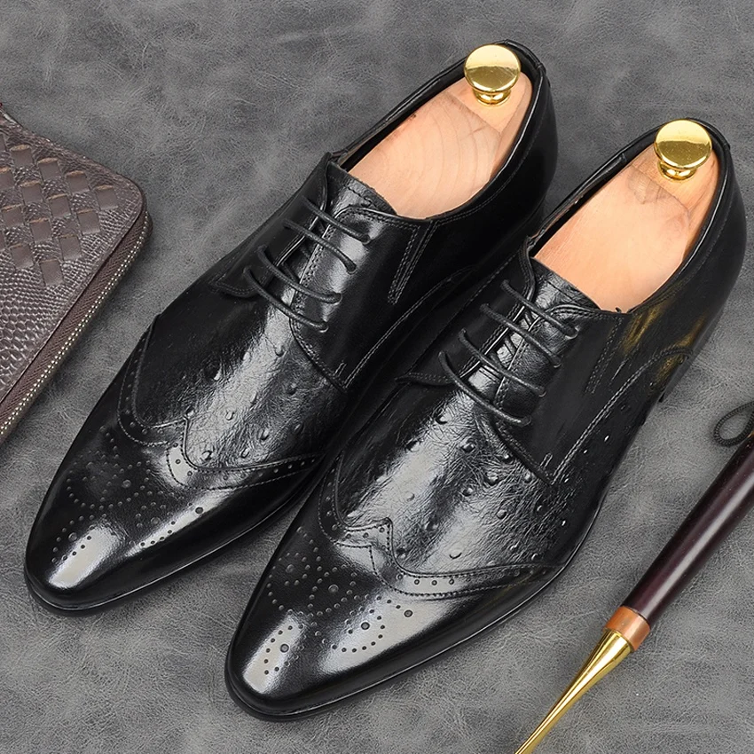 

Luxury Brand Genuine Leather Formal Dress Party Brogues Shoes Ostrich Pattern Pointed Toe Lace up Men's Wedding Oxfords AM163