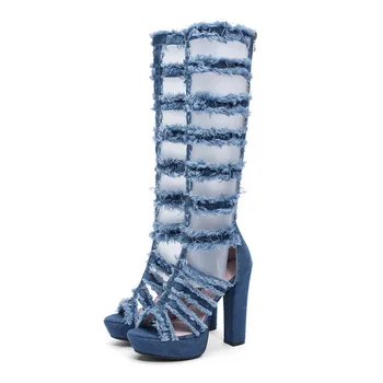 

B2-7 Size 33-43 Ladies Denim Mid Calf Sandals Female Hollow Zip Platform Sandal Woman High Heels Shoes Women Leisure Dress Shoe