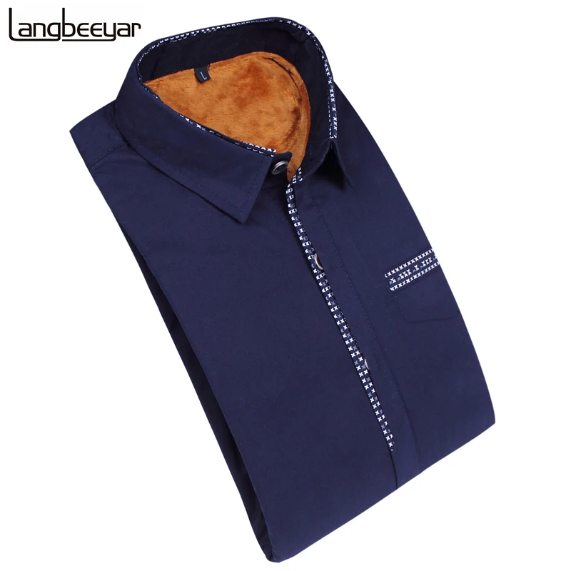Plus Velvet New Fashion Casual Men Shirt Long Sleeve Trend Slim Fit Men Mock Pocket High Quality Mens Dress Shirts Men Clothes