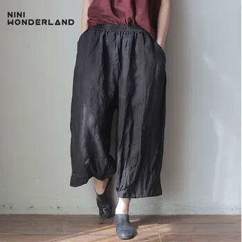 

NINI WONDERLAND Summer Ramie Pants 2020 Women Loose Harem Pants Elastic Waist Solid Color Calf Length Trousers Mori Girl Style