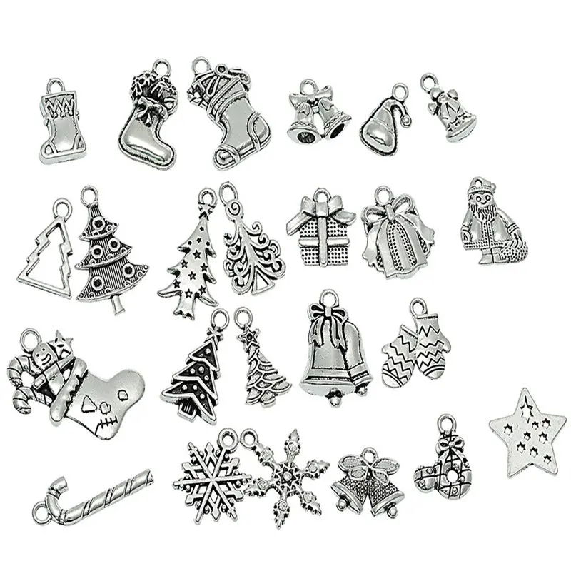 

Urijk 24/44/50PCs Silver Tone Christmas Hanging Charm Pendants Xmas Tree Stocking Snowflake Ornament New Year Decoration Navidad