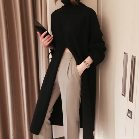 Winter New Loose high Collar Long Dress Sweater Slit Long Sleeve Cotton Casual Dresses Female Solid Color Turtleneck