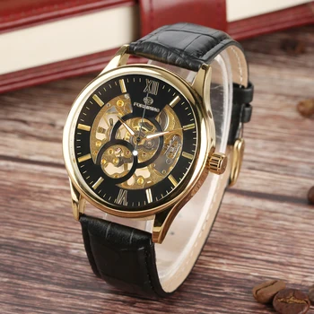 

Men Skeleton Mechanical Hand Wind Stainless Steel Sports Watch Personality Leisure Gold-Tone Roman Numerals Mechanical Watches