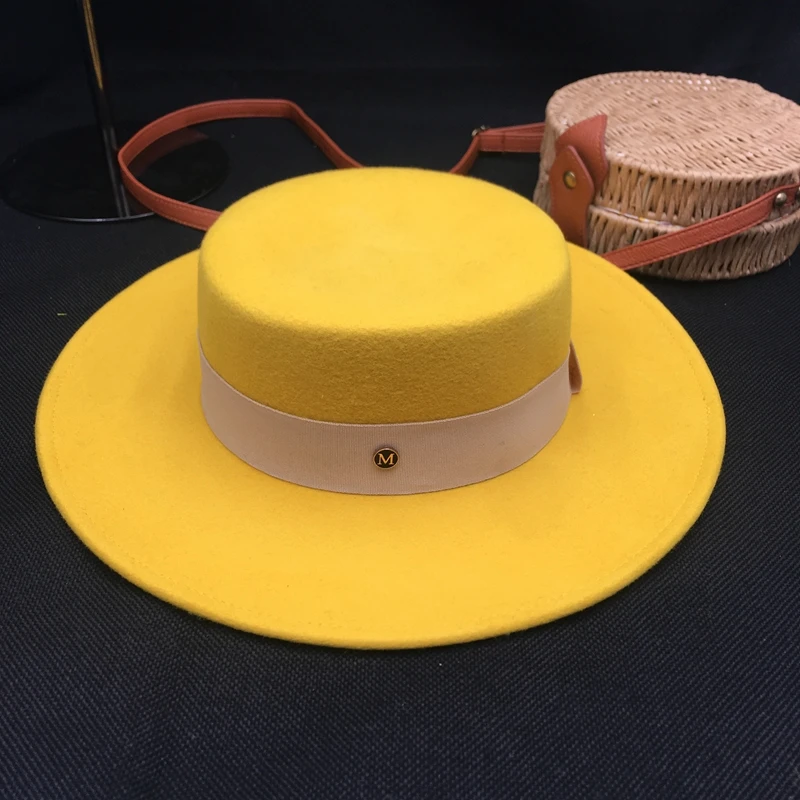 

Hat for women flat hat contracted, wide-brim wool felt hat joker yellow fashion leisure hat fedoras