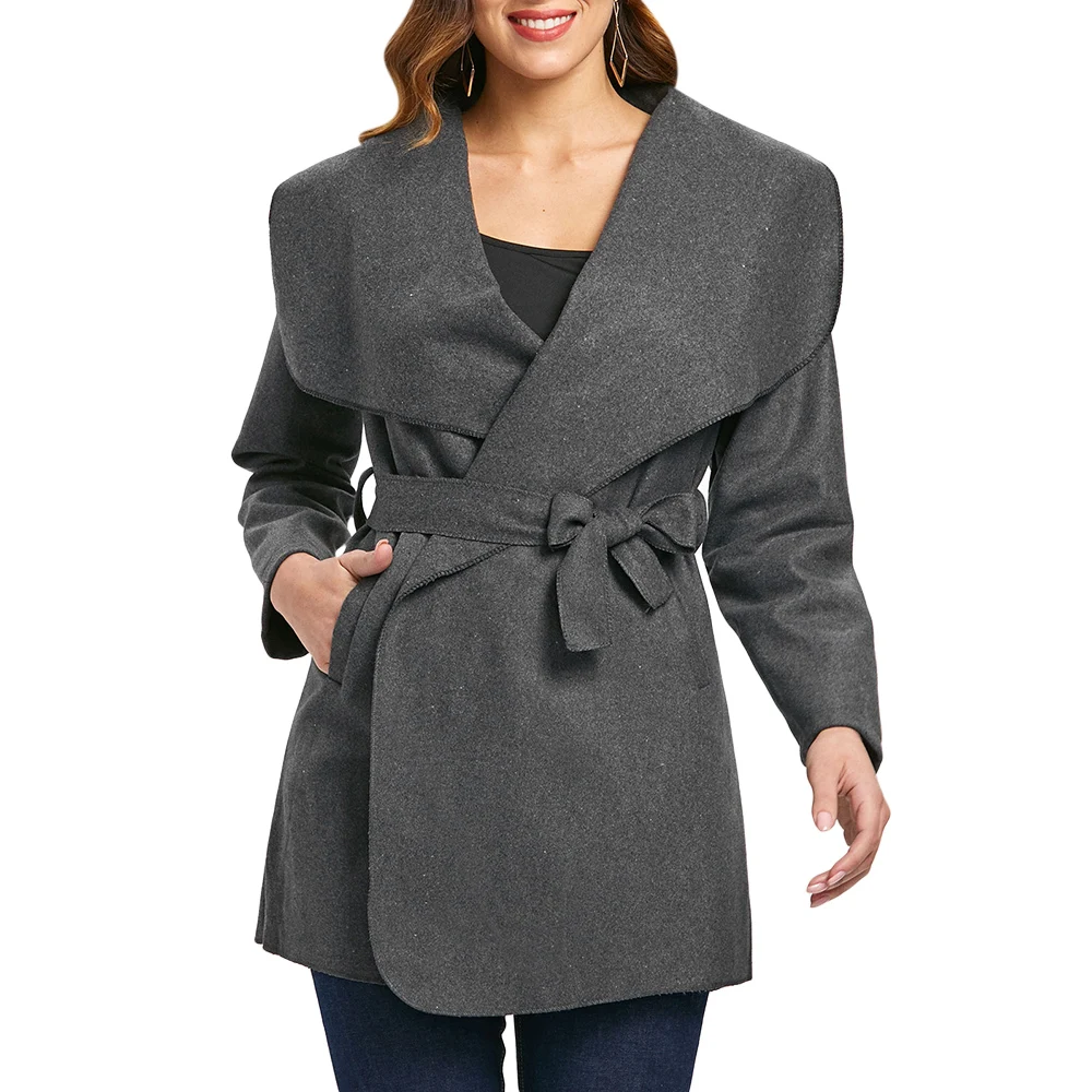 Buy Kenancy Women Tied Belted Coat Wide Lapel Pockets