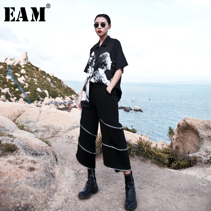 

[EAM] 2019 New Autumn Winter High Elastic Waist Brief Zipper Irregular Loose Wide Leg Pants Women Trousers Fashion Tide JX952