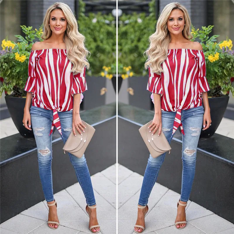 Fashion Shirts Women Blouses Women ' s Tops Casual Half Sleeve Off Shoulder Bandage Stripe Printed Tops Haut Femme