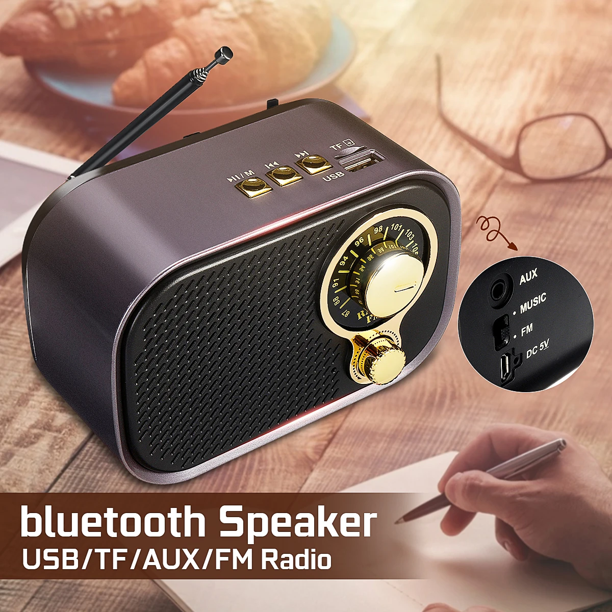 Мини 5 вт USB bluetooth портативный ретро винтаж FM радио поддержка AUX TF карта динамик музыкальный плеер встроенный перезаряжаемый аккумулятор