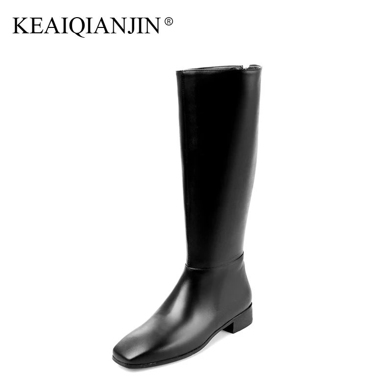 

KEAIQIANJIN Woman Plush Knee High Boots Zipper Plus Size 33 - 41 Winter Bottes Shoes Botas Mujer Genuine Leather Riding Boots
