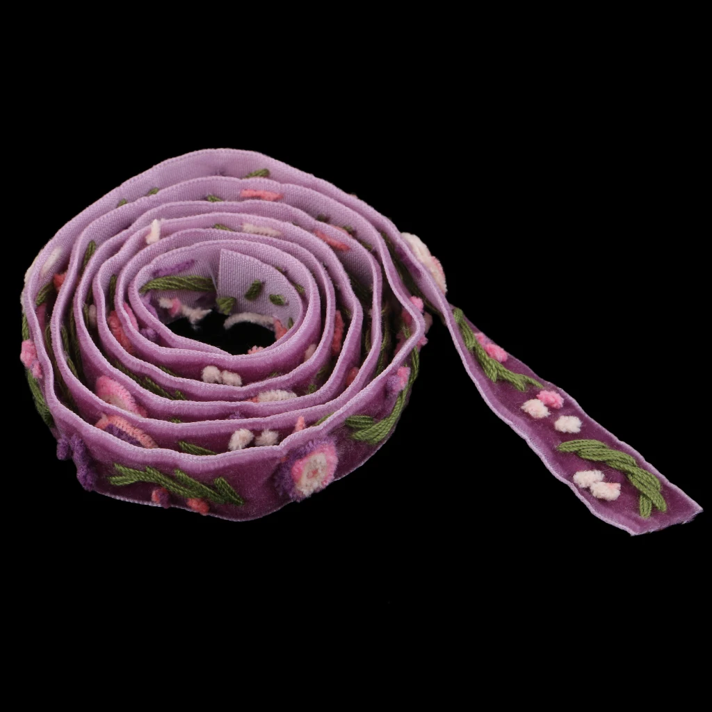 1 Yard Elegant Flower Embroidered Velvet Ribbon Lace Trim Purple for Sewing Decoration DIY Craft Handmade Accessories 15mm Wide