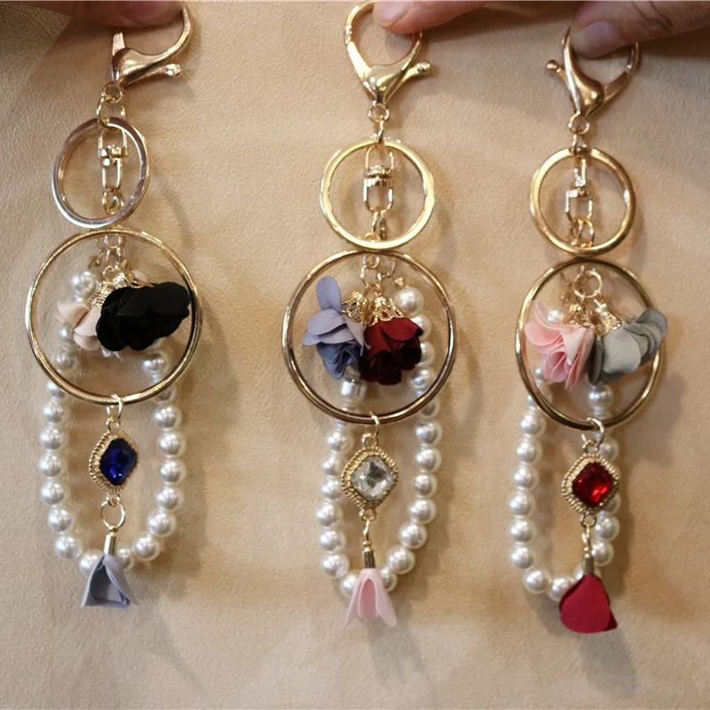 

New Star Charms Imitation Pearl Flower Tassel Key chain Women Keychains Gold Color Ring Lobster Clasp Car Key ring Bags Pendant