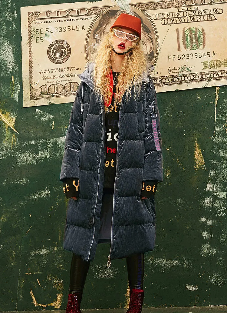 Зимний вельветовый женский пуховик с капюшоном, новинка, длинный абзац, выше колена, утолщенное, свободное, тонкое, пуховое пальто для женщин HJ90