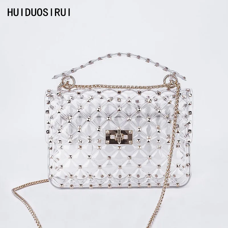 

2018 New fashion Small Transparent Bag Women Handbag Luxury Designer Rivet PVC Jelly Composite Bag Female Shoulder Crossbody Bag