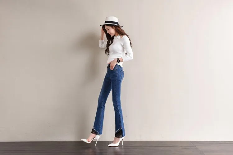 DONGDONGTA летние кружевные женские джинсы 2019 Новое поступление Высокая талия эластичные расклешенные джинсы для женские джинсовые однотонные