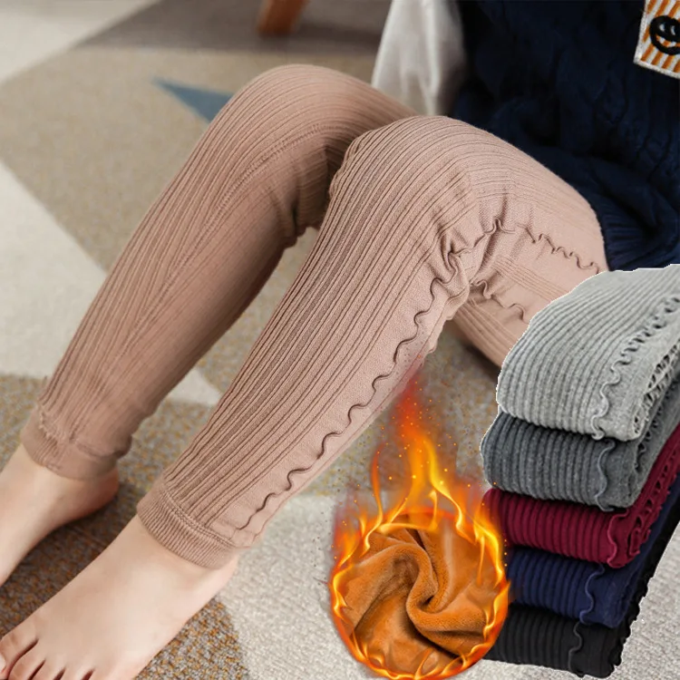 

Autumn Winter Girls Leggings Cotton Thick Plus Velvet Trousers Elastic Waist Ruffle Striped Children Leggings Girls Bottom Pants